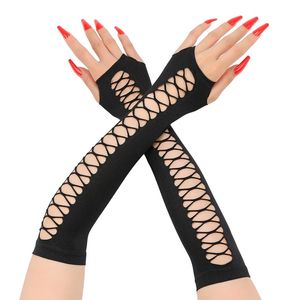 Kvinnor armbågslängd punkhandskar elastiska fingerlösa handskar pekskärm mittens cutout cross mesh handskar cosplay fest dräkter