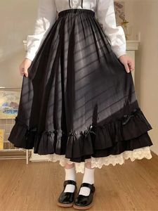 Svarta långa kjolar kvinnor japanska kawaii preppy stil lolita kjol kvinnlig fransk vintage dubbel lager spets rufflade veckade kjolar 240408