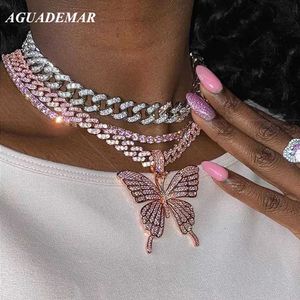 Anhänger Halsketten Neue ICED Out Crystal Butterfly Anhänger Miami Curb Cuban Kette für Männer Frauen 9mm rosa Bling Kubaner Linkkette Choker HipHop Jüdely Y240420