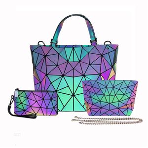 2024 NOVO Design 3 PCs Conjunto de marca Brand Feminino Bolsa de ombro Reflexivo Senhoras Luminosa Bolsa de Mão Geométrica