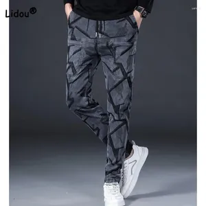 Men's Pants Fashion Elastic Drawstring Denim Cropped 2024 Summer Trend Pockets Spliced All-match Printing Trousers Male Clothes