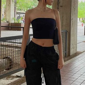 Kadın Tankları Camis Xingqing Y2K Tüp Üstü Kadınlar Düz Renk/Şerit/Mektup Baskı Kapalı Omuz Straplez Slveless Bandeau 2000S Giyim Strtwear Y240420