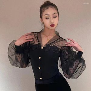 Stage Wear Fairy Mesh Black Lace Ballroom Dance Tops Women Performance Clothes Waltz Costume Adult Rumba Latin Bodysuit BL12222