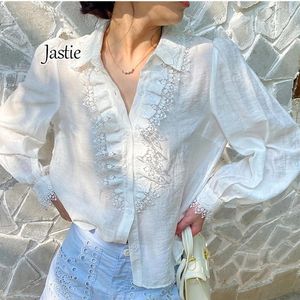 Women's Blouses Jastie 2024 Spring Summer White Shirt Long Sleeve Lapel Pleated Ruffle Embroidered Lace French Commuter Blouse