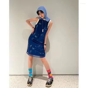 Casual Dresses Korean Retro Round Neck Print Mesh Sleeveless A-line kort klänning för kvinnor Summer Fashion Spicy Girls Slim Tank Top