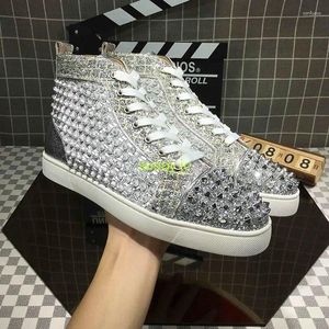 Casual Shoes Fashion Luxury Designer Men's High Top Silver Flats Hair Stylist Rivet Rhinestone Nightclub