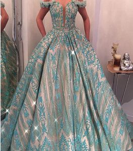 Lace Turquoise Prom Dresses Off the Shoulder 2018 Ball Gown Hand Made Flowers with Pocket Bling Bling Floor length Evening Dresses9652826