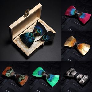 JEMYGINS Original Italien Design Bowtie Natural Brid Feather Exquisite Hand Made Men Bow Tie Brosch Pin Wood Present Box Set 240415