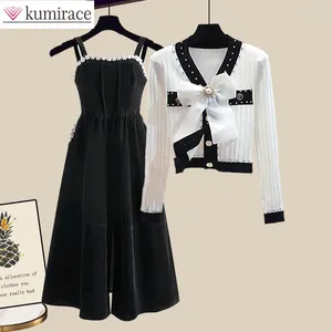 Work Dresses Large Women's Autumn Suit 2024 South Korea's French Style Bow Sweater Black Suspender Skirt Two-piece
