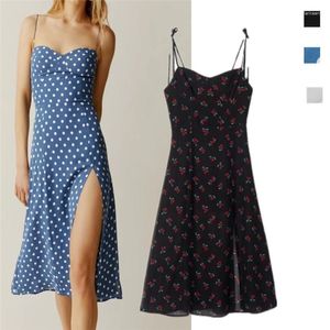 Casual Dresses Fashion Style Young Adult Cherry Print Hem Sexy Side Slit V-neck Strap Dress High-Looking Holiday Midi