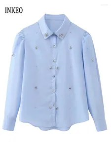 Kvinnors blusar högkvalitativ lång puffhylsa skjorta Rhinestone Blue Blue For Women Spring Summer Fashion Polo Collar Tops 2024 Inkeo 4T051