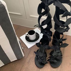 Boots Black White Leather Bowtie Cutout Sandals Peep Toe Chunky Heel Gladiator Butterfly Knot Summer Booties Zip Back Knee