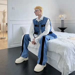 eoenkky/ mensセットカーゴデニム2ピース衣装男性パッチウェアジーンズパンツベストノースリーブカジュアル韓国ストリートウェアヒップホップ240412