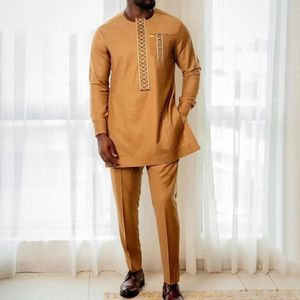 in Kaftan Luxury Men Suit Embroidered Shirt and Pants Sets 2 Piece Wedding and Party African Ethnic Style Suit for Men 240412