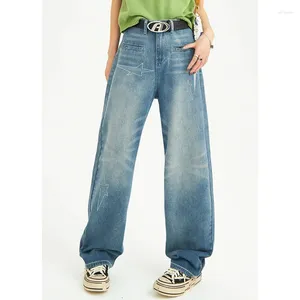 Kvinnors jeans vintage blå hög midja kvinnor stjärna mönster amerikansk mode streetwear wide ben jean kvinnlig denim raka baggy byxor