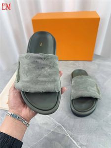 Luxur Designer Pool Pellow Line Flat Sandal Grey Slip on Leather Slide Sandals tofflor Skor med låda