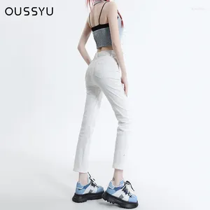 Women's Jeans OUSSYU White Straight Woman Stretch Slim Ankle Length Skinny High Waist Cotton Denim Pencil Pants Female Blue Trousers