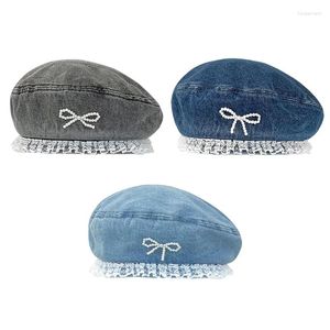 Berets Girls Teens Hat Woman Painter With Pearl Bowknot Decals Spring Sunproof Pleated Lace Trim