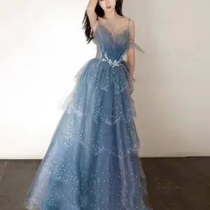 Party Dresses Fairy Strap Blue Formal Evening Dress Designed Prom Tiered Cake Boat Neck Quinceanera Gown Elegant Vestido