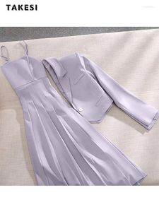 Work Dresses 2024 Summer Office Lady Purple 2 Piece Set Women Long Sleeve Suit Coat A-line Suspender Dress Elegant Two