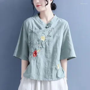 Women's Blouses Ethnic Style Large Size Cotton Linen Shirt 2024 Women Spring Summer Embroidered Blouse Chinese Stand Collar Tops 4XL