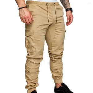 Calça masculina homens harajuku joggers roupas calças de cores casuais bolsos de cor sólida cintura cordão tornozelo amarrado cargo magro