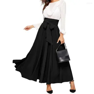 Skirts Maxi Skirt Women Lace-up High Waist A-line Big Swing Wide Band Pleated Ankle Length OL Commute Style Loose Spring Summer