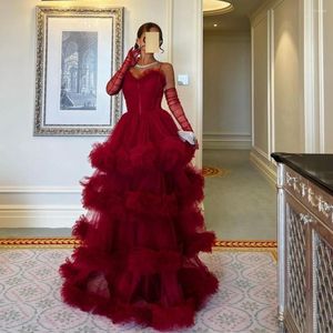 Party Dresses Xijun Dubai Red Tiered Ruffles Tulle Evening Sweetheart Pleat Ruched A-Line Saudi Arabic Women Formal Prom Clows