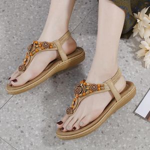 Sandalen für Frauen 2024 Bohemian Style Flip auf Perlen -Strassschnalle Schnalle Elastic Ferse Gurt Frauenschuhe