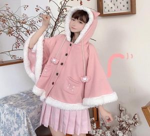 Women039s Wool Blends Kawaii Girl Lolita Cape Coats Autumn Winter Manga longa Lão de lã Cardigan Cat Orends Plush Cloak Wom7783268