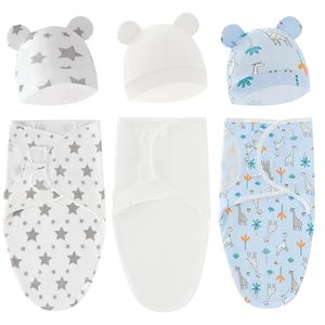 Muslin baby swaddle filt wrap hatt set spädbarn född sömnsack justerbar född sovväska bomullsfiltar 06m 240417