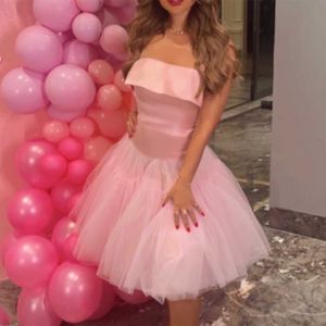 Strapless Muslim Evening Dress Short A Line Pink Satin Formal Party Prom Gown for Women