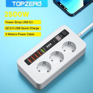 Plugs 2500W Timer Smart Electrical Socket Power Strip Extension Cable med Switch Home Office Surge Protector 3 AC Outlet med 5 USB