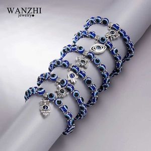 Chain Blue Evil Eye Bracet of Fatima Turkey Thoushand Eyes Handmade Womens Resins Beads Elastic CoupleブレスレットJewlery Y240420