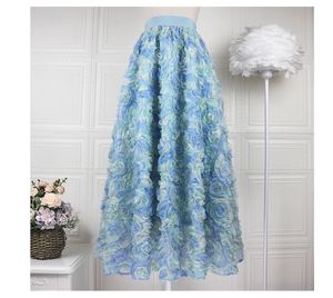 Womens new ball gauze elastic waist blue rose luxury dress long desinger skirt SL