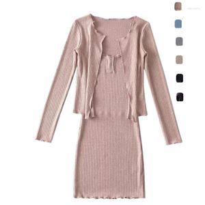 Casual Dresses Pure Desire Style Sexy Slim-Fit Short Cardigan Chest Opening Bag Jumpsuit Skirt Cashmere Elegant Wooden Ear Suit