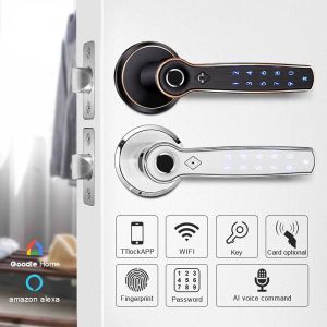 Control Smart Fingerprint Password Door Handle Lock WiFi RFID Card Key Voice App Control For Home Stainless Steel S1580