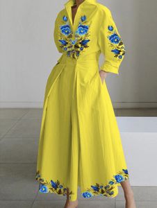Платье большего размера для женщин отворотная шея A-Line Плиссированное цветочное принт с воротником одно пуговица платье рубашки повседневное элегантное платье с 34 рукава 240420