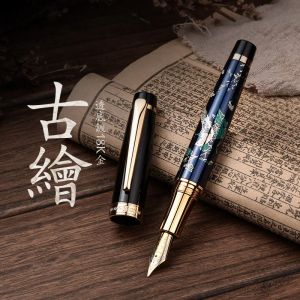 Pens HongDian Metal Fountain Pen HandDrawing Green Flowers Iridium EF/F/Bent Nib Ink Pen Excellent Writing Gift Pen for Business