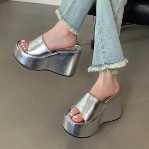 Sandals Black Heeled Silver High Heel Wedges Women Slippers Summer Chunky Platform Shoes Ladies Sandalias 2024 Mujer