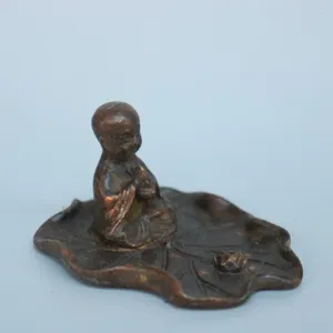 装飾的な置物8cm中国古いソリッド銅ブロンズ彫刻僧kロータスフラワー像の香り挿入