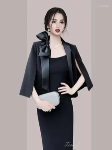 Kvinnors kostymer Tesco Black Elegant Suit Blazer Cape Shawl Jacket med båge för formell kvällsfest Spring Coat Lady 2024