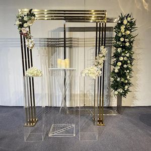 Party Decoration Custom Made Gold Square Shape Stainless Steel Metal Flower Stand för Wedding Walkway Stage AB901
