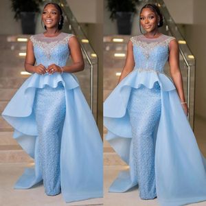 Gorgeous Sheath baby blue Prom Dresses Crystals Peplum Evening dress elegant Rhinestones Jewel Neck Tulle black girl Arabic formal dresses for women