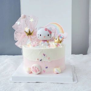 Processadores desenho animado rosa bandeira de gato bolo de topper decoração menina bebê festas de aniversário elfam presentes presentes