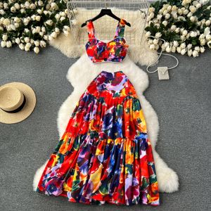 Duas peças Vestido de verão Bohemian Duas peças Conjunto de espaguete feminino Straphett acolchoado V pescoço de pescoço curto top FLOR PRIMAGEM LONGA