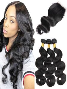 Body Wave 3 Bündel mit Spitzenverschluss rohes indisches jungfräuliches Haar unverarbeitet doppelt gezogene Weben Nerz Brasilianische Haar natürliche Black4519639