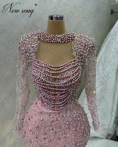 Partykleider eleganter rosa Perlen -Prom Muslim Dubai Pailletten Langer Meerjungfrau Abend für Frauen maßgeschneiderte Hochzeitskleider