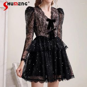 Casual Dresses Sexy Sweet Black Sequined Lace Short Dress For Party Woman Spring 2024 Elegant Ladies V-neck Slimming Waist Banquet