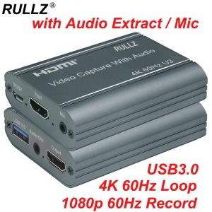 Lens 4K 60Hz U3 HDMI till USB 3.0 Video Capture Card med Audio Out MIC i Full HD 1080p 60fps Game Recording Camera PC Live Streaming